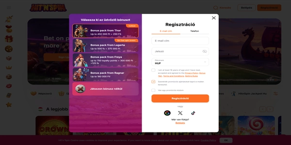 Hit'n'Spin Casino regisztrációs folyamata mobilon